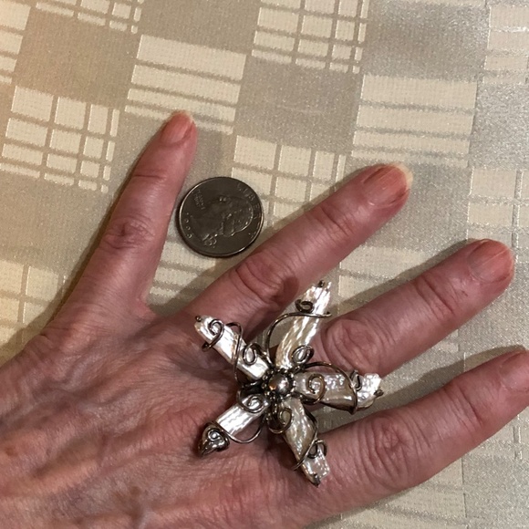 Huge Biwa Pearl Sterling Silver Flower Cocktail Ring  / Israeli Artist - sz 7
